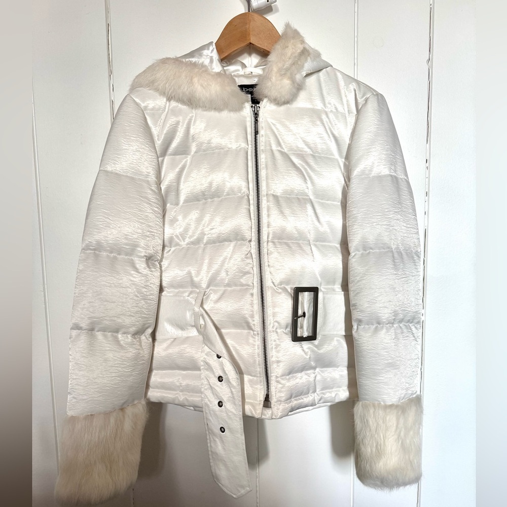 Vintage 2000s Y2k BEBE Women's Rabbit Fur Hood and Wrist Jacket in White size S